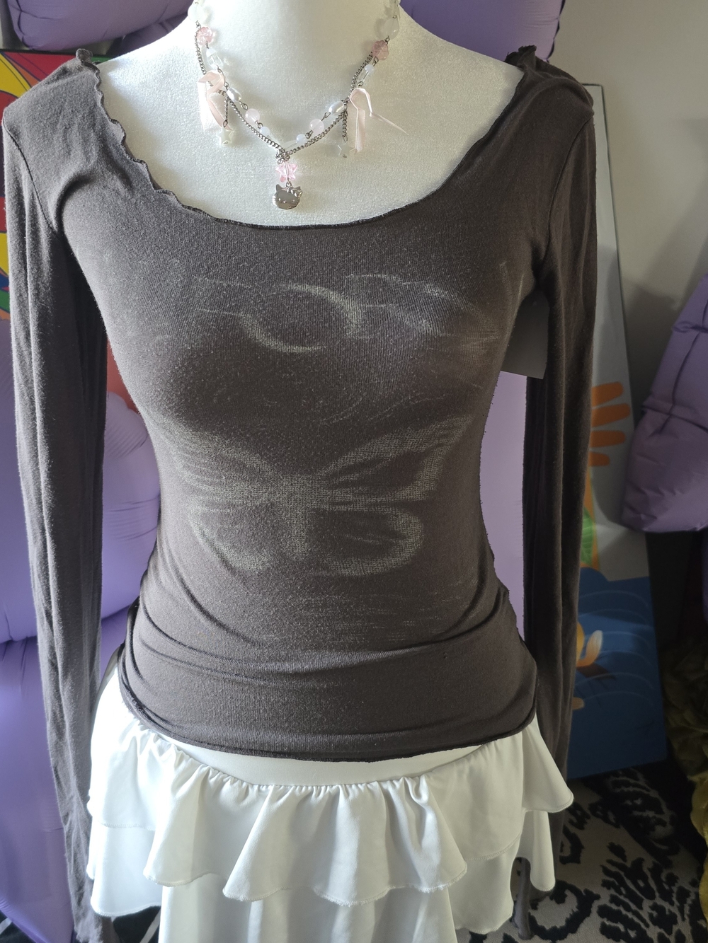 Y2K California Butterfly Graphic Top Charcoal Grey Scoop Neck Long Sleeve XS
